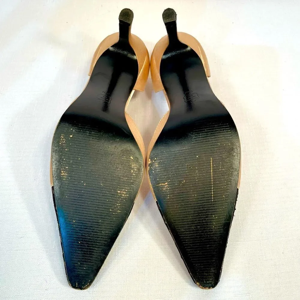GOLD SATIN w BLACK LACE FORMAL SHOES 3.5” HEEL by THE TOUCH OF NINA SIZE 7.5